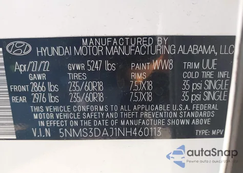 2022 Hyundai Santa Fe Sel из США, поврежденный, VIN 5NMS3DAJ1NH460113